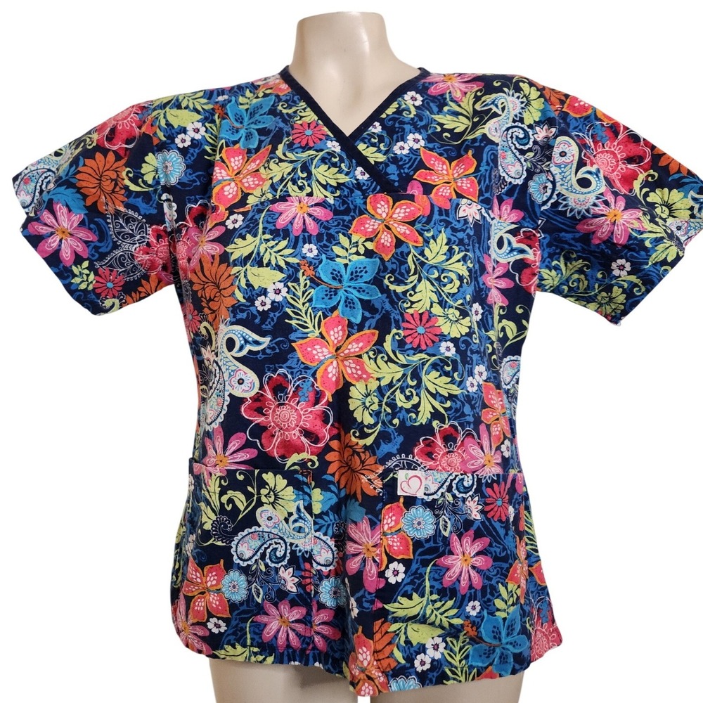 Peaches Uniforms Scrub Top Womens Medium Blue Floral Paisley Cotton‎ Mock Wrap